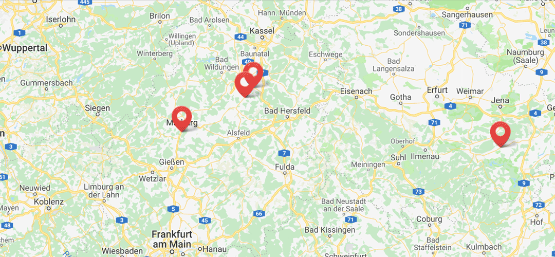 Standorte von GWB Boller und Partner: Marburg, Homberg/Efze, Frielendorf, Pößneck
